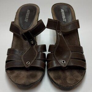 AEROSOLOES Women's 9.5 Dark Brown Leather Slip On Heeled Sandals